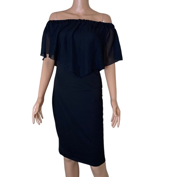 French Atmosphere dress black body con chiffon ruffle top off the shoulder SZ L - Picture 3 of 11